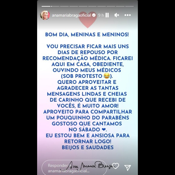 Ana Maria Braga deu o comunicado pelas redes sociais