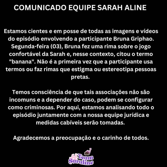 BBB 23: equipe de Sarah emitiu comunicado oficial após vídeos de Bruna Griphao viralizarem