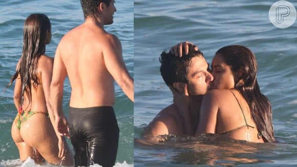 De biquíni, Lucy Alves beija Romulo Estrela em mergulho no mar durante gravação da reta final da novela 'Travessia'