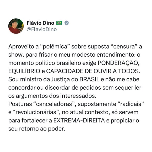 Ministro da Justiça Flavio Dino se posicionou após polêmica com Roger Waters vir à tona