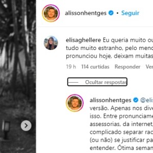 Alisson defendeu a ex esposa após comentários no seu Instagram.