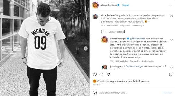 Alisson defendeu a ex esposa após comentários no seu Instagram.