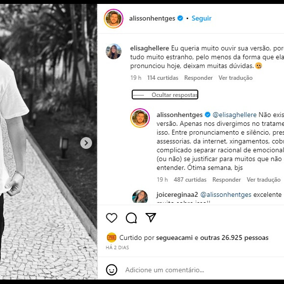 Alisson defendeu a ex esposa após comentários no seu Instagram.