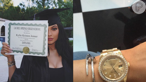 Kylie Jenner, quando se formou no segundo grau, ostentou um Rolex de ouro cravejado de diamantes, avaliado em cerca de R$ 100 mil. Desde então, ela investiu em mais modelos da marca