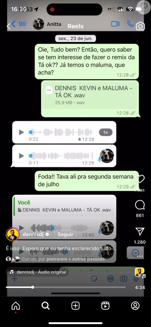 Em print, Dennis DJ mostra que ele mandou a mensagem inicial a Anitta