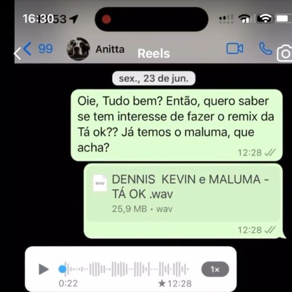 Em print, Dennis DJ mostra que ele mandou a mensagem inicial a Anitta