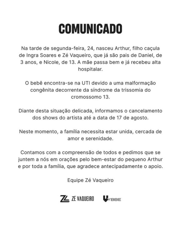 O filho caçula de Zé Vaqueiro nasceu com a Síndrome de Patau, uma doença rara e sem cura