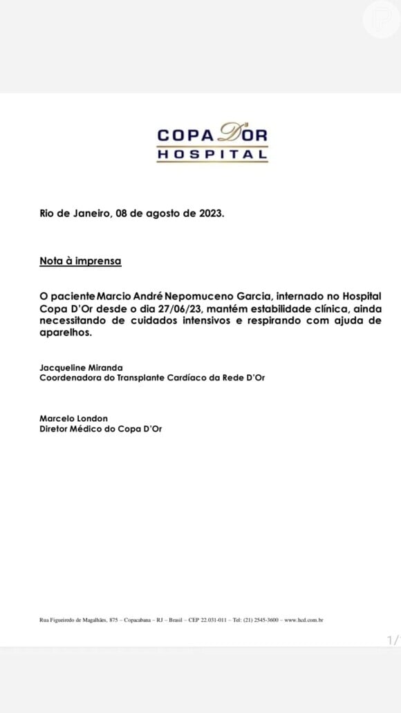 Hospital atualizou estado de saúde de MC Marcinho