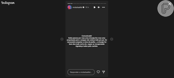 Perfil de MC Katia publica comunicado sobre seu estado de saúde que foi feito por seu marido MC Ld.