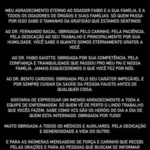 Filha de Faustão vai às redes sociais agradecer ao doador do apresentador com recado comovente