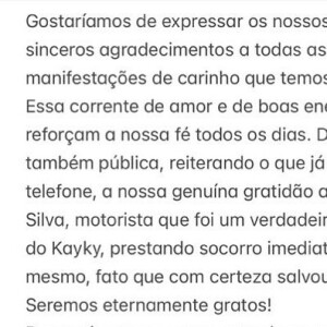 Família de Kayky Brito deixou mensagem de agradecimento ao motorista Diones Silva, que prestou socorro ao ator após acidente