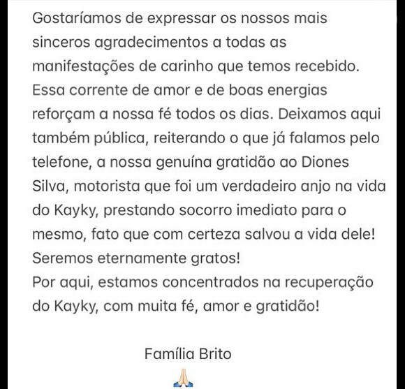 Família de Kayky Brito deixou mensagem de agradecimento ao motorista Diones Silva, que prestou socorro ao ator após acidente