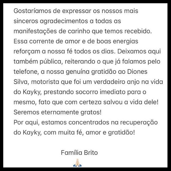 Família de Kayky Brito deixou mensagem de agradecimento ao motorista Diones Silva, que prestou socorro ao ator após acidente