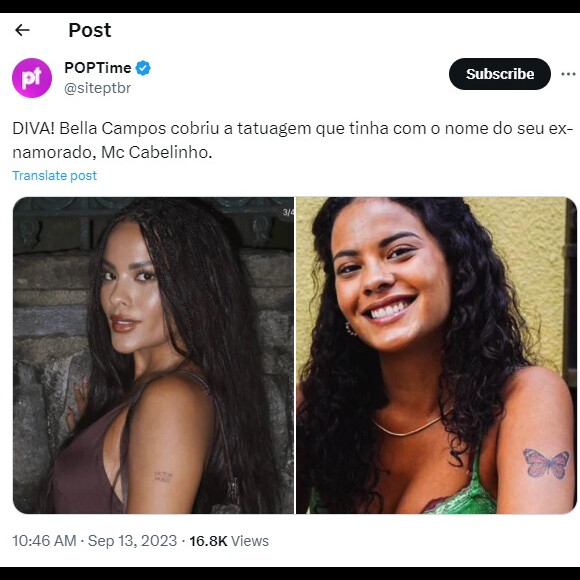 Internautas especularam se Bella Campos havia realmente coberto tatuagem de MC Cabelinho