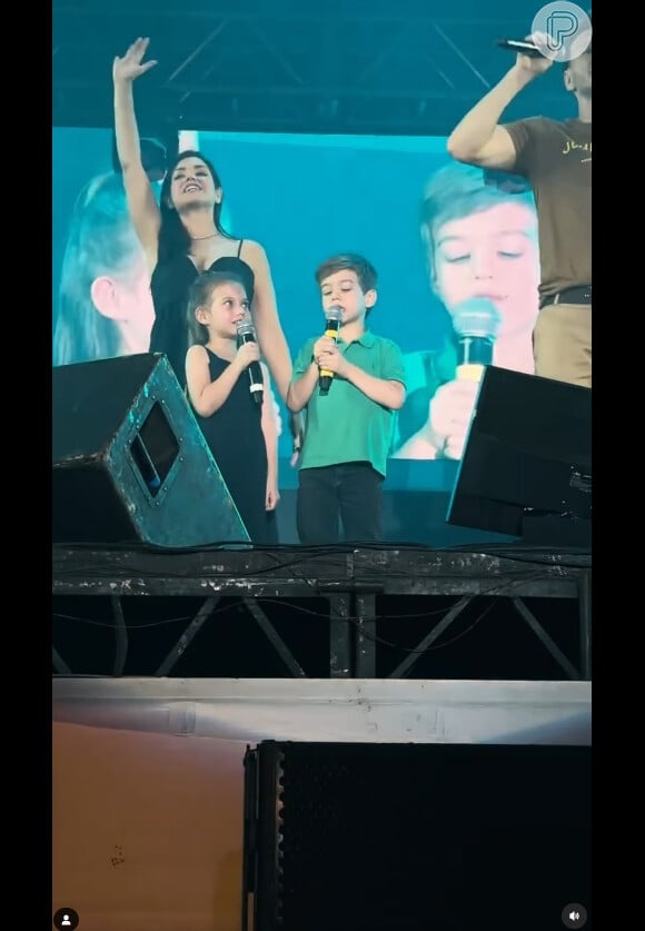 Filhos de Thais Fersoza e Michel Teló, Melinda e Teodoro cantaram pela primeira vez com o pai durante show em Serra Negra (SP) em 22 de setembro de 2023