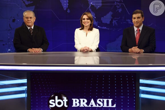 Rachel Sheherazade ao lado de Joseval Peixoto e Carlos Nascimento em fase do 'SBT Brasil' na qual a jornalista era fixa na bancada e os jornalistas se revezavam