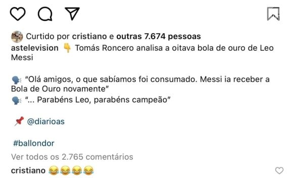 Cristiano Ronaldo reagiu a uma crítica feita à Bola de Ouro de Messi
