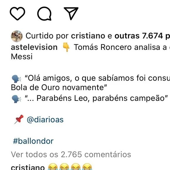 Cristiano Ronaldo reagiu a uma crítica feita à Bola de Ouro de Messi