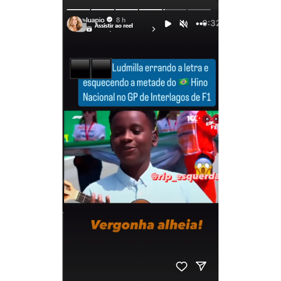 Ludmilla foi criticada por Luana Piovani por supostamente ter esquecido a letra do hino nacional durante o GP de Interlagos