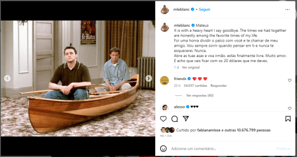 Matt Blec foi o primeiro do elenco principal de 'Friends' que fez homenagem para Matthew Perry publicando fotos no Instagram