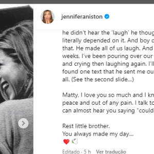 Jennifer Aniston publicou um texto para falar do seu amor e saudade que explodiu após a morte de Mattew Perry