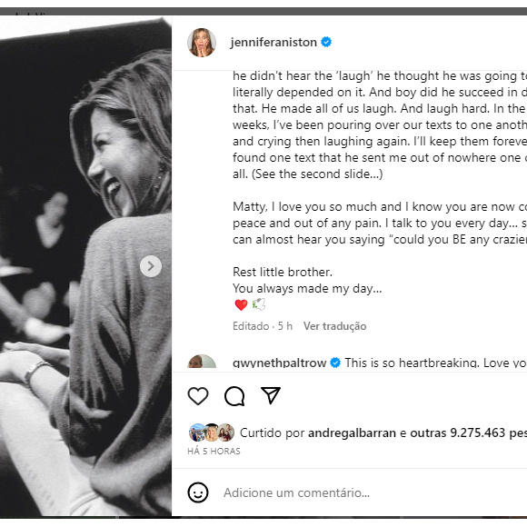 Jennifer Aniston publicou um texto para falar do seu amor e saudade que explodiu após a morte de Mattew Perry