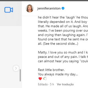 Jennifer Aniston, Rachel de 'Friends', mostrou uma das últimas mensagens que recebeu de Matthew Perry