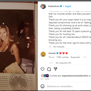 Lisa Kudrow agradeceu várias vezes diversos momentos com Matthew Perry em seu post de homenagem ao amigo