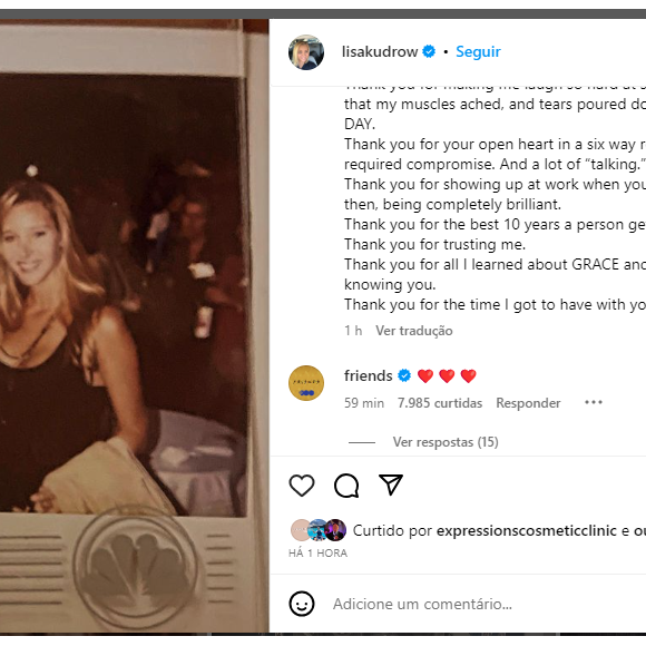 Lisa Kudrow agradeceu várias vezes diversos momentos com Matthew Perry em seu post de homenagem ao amigo