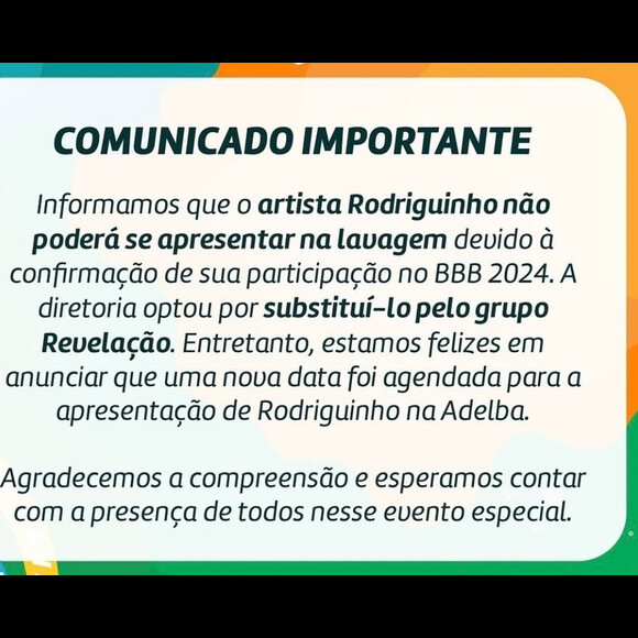 Clube divulgou participação de Rodriguinho no BBB 24