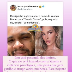 No 'BBB 24', cunhada de Yasmin Brunet defendeu a modelo, alvo de ataques machistas de Rodriguinho após cantor ameaçar Davi. 'Agressor'