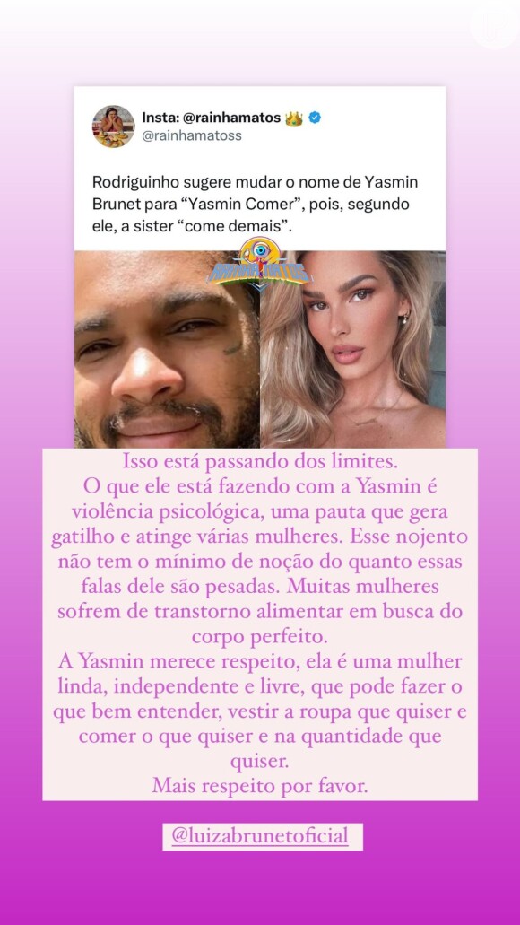 No 'BBB 24', cunhada de Yasmin Brunet defendeu a modelo, alvo de ataques machistas de Rodriguinho após cantor ameaçar Davi. 'Agressor'