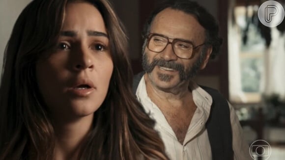 Em 'Renascer', Rachid (Almir Sater) desabafa sobre seus segredos com Sandra (Giulia Buscacio).