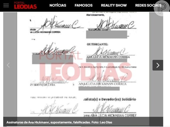 Assinaturas de Ana Hickmann que teriam sido falsificadas. Imagens foram divulgadas por Leo Dias