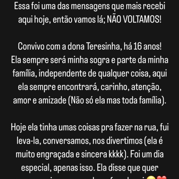 Gracyanne conhece Terezinha Vieira, mãe de Belo, há mais de 15 anos e não pretende cortar relações com ela, mesmo com a separação