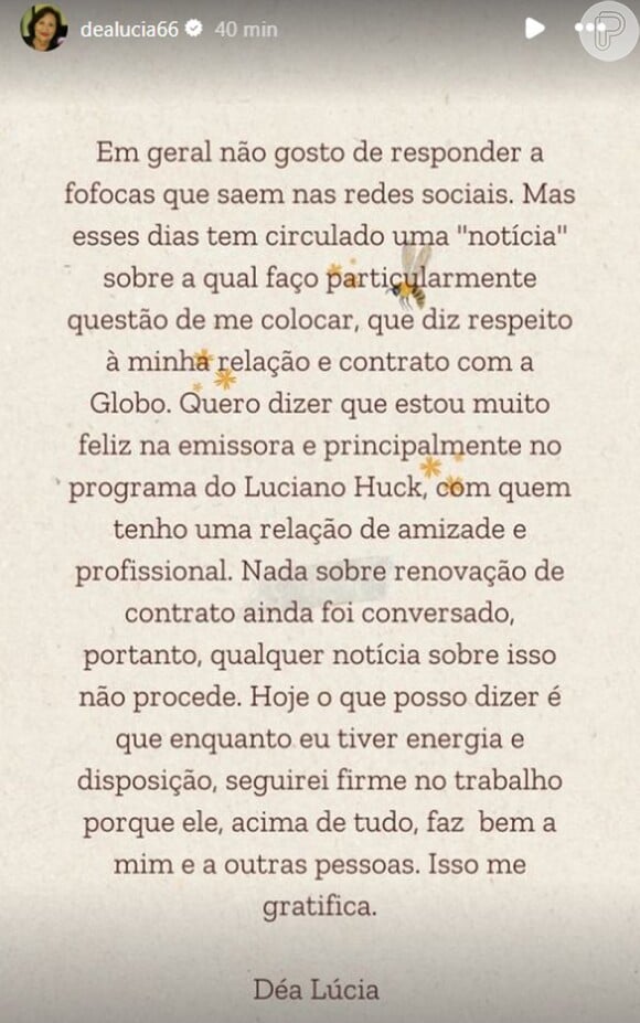 Pelo Instagram, Dona Déa Lúcia negou que estaria prestes a deixar a TV Globo