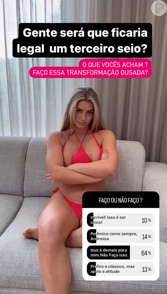 Andressa Urach não recebeu apoio dos seguidores. Ela abriu uma enquete na publicação e a opção 'Isso é demais para mim, não faça isso' foi a opção mais votada