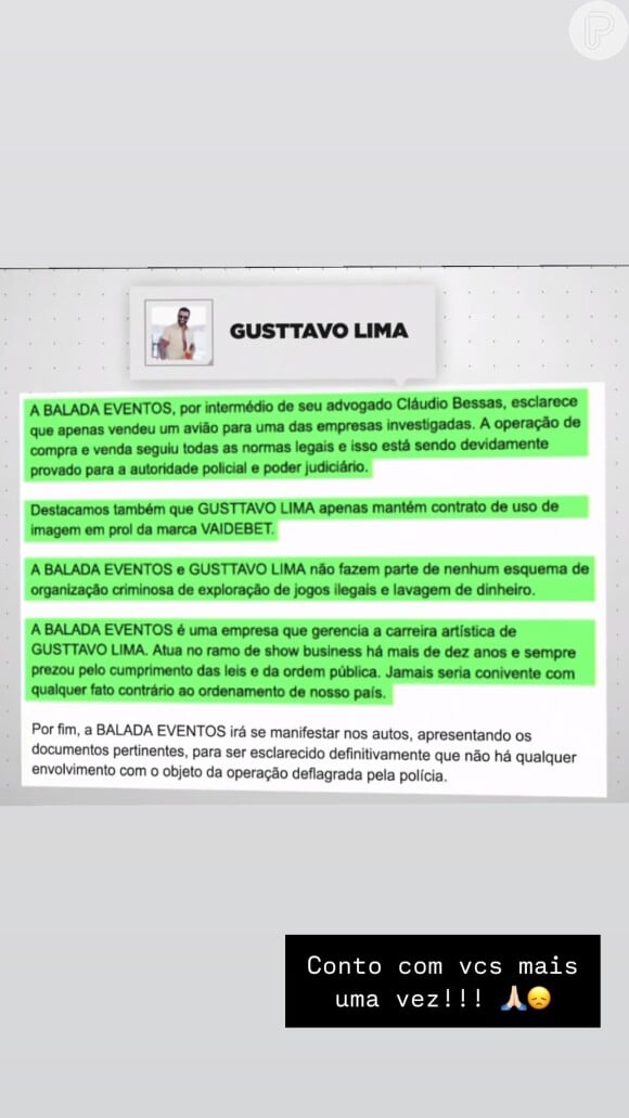 Gusttavo Lima apresentou documento para afastar qualquer prática ilegal