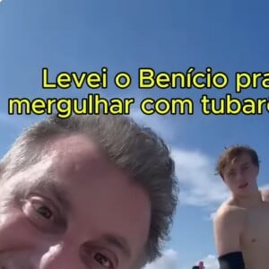 Luciano Huck e Benício juntos, antes de pular no mar com tubarões