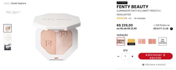 Outro produto queridinho de Rihanna é o iluminador Killawatt, também da Fenty Beauty, que custa R$ 239