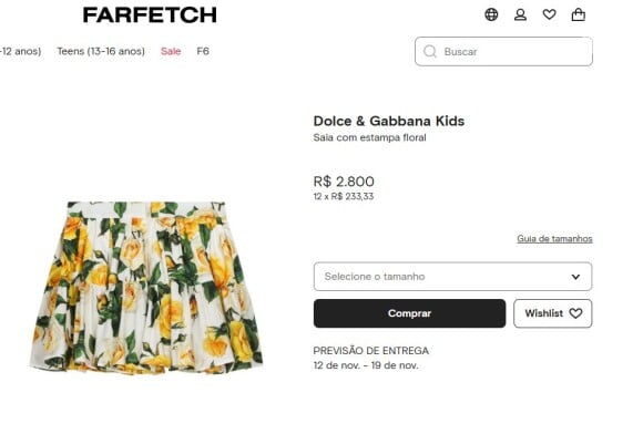 A saia usada pelas Marias pode ser comprada por R$ 2800 no site da multimarcas Farfetch