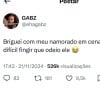 Gabz publicou: 'Briguei com meu namorado em cena hoje, é muito difícil fingir que odeio ele.'.