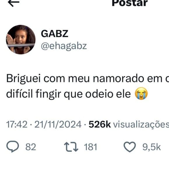 Gabz publicou: 'Briguei com meu namorado em cena hoje, é muito difícil fingir que odeio ele.'.