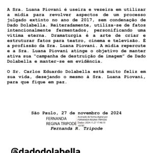 Defesa de Dado Dolabella fez críticas a Luana Piovani após ex-namorada do ator e cantor chorar na tv recordando episódio de agressão em 2008, processo arquivado em 2024