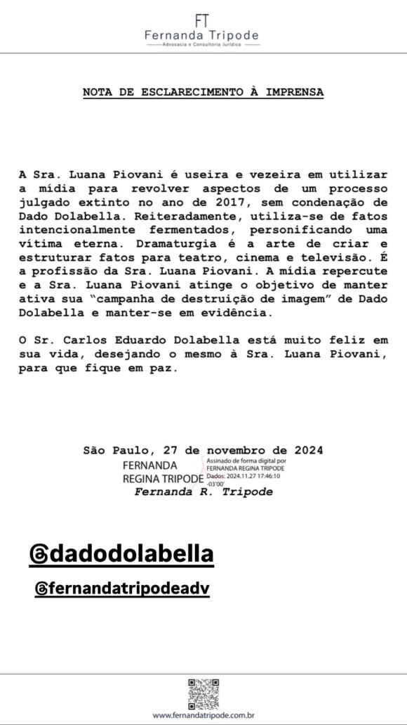 Defesa de Dado Dolabella fez críticas a Luana Piovani após ex-namorada do ator e cantor chorar na tv recordando episódio de agressão em 2008, processo arquivado em 2024