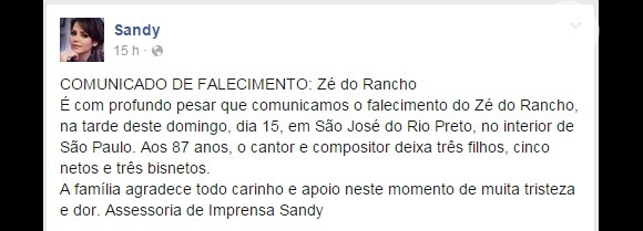 Assessoria de Sandy lamentou em nota oficial a morte do avô da cantora, Zé do Rancho: 'Momento de muita tristeza'