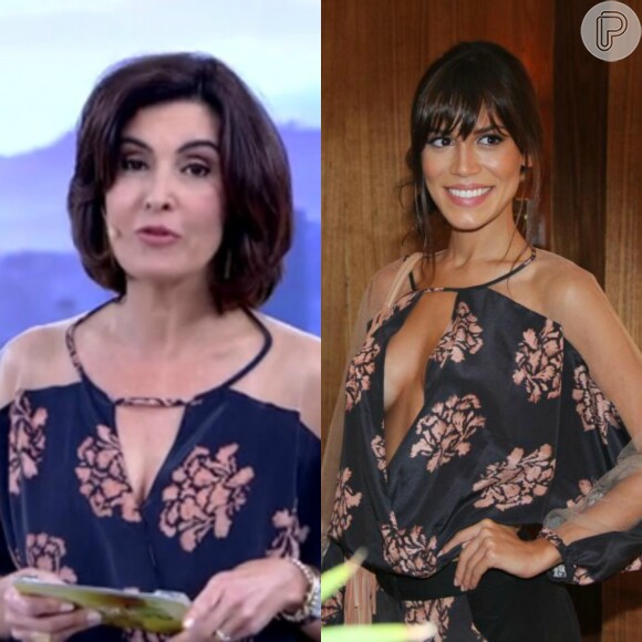 Fátima Bernardes repetiu no 'Encontro' desta segunda-feira, 9 de março de 2015, a mesma blusa de seda usada por Carla Salle