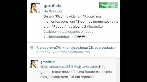 Gracyanne Barbosa tranquilizou seus seguidores no Instagram: 'O que houve foi uma fratura na costela, mas já estou bem, só em repouso'