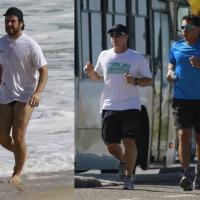 Murilo Benício e Luciano Huck correm em praia do Rio