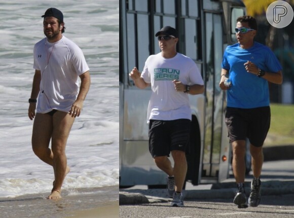 Murilo Benício e Luciano Huck são flagrados correndo na praia da Barra da Tijuca, em 9 de maio de 2013
